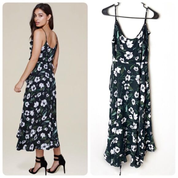 Bebe Floral Print Ruffle Hi-Lo Wrap Dress Cottage Core Feminine Festival Dress - Picture 6 of 12